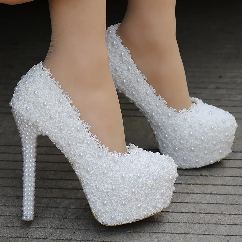 

Fashion Women Pumps Shoes Lace Rhinestone Round Toe 14 cmThin Heels White Delicate Sweet Wedding High Heel Shoes