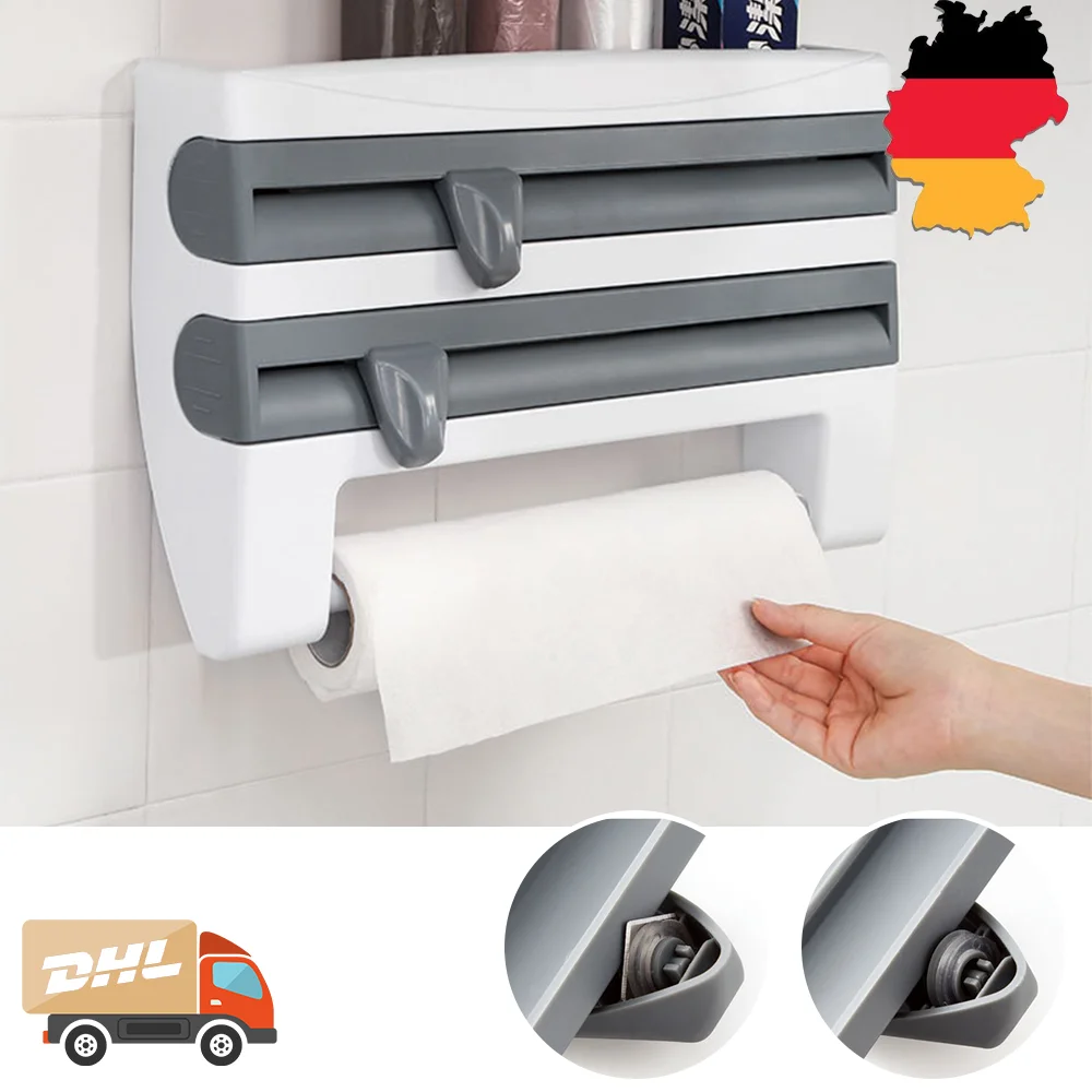 An der Wand montierter Papierhandtuchhalter, Saucenflaschenregal, Küchenregal, Frischhaltefolien-Organizer mit Cutter, Wrap, Schneideständer, Taschentuchhalter