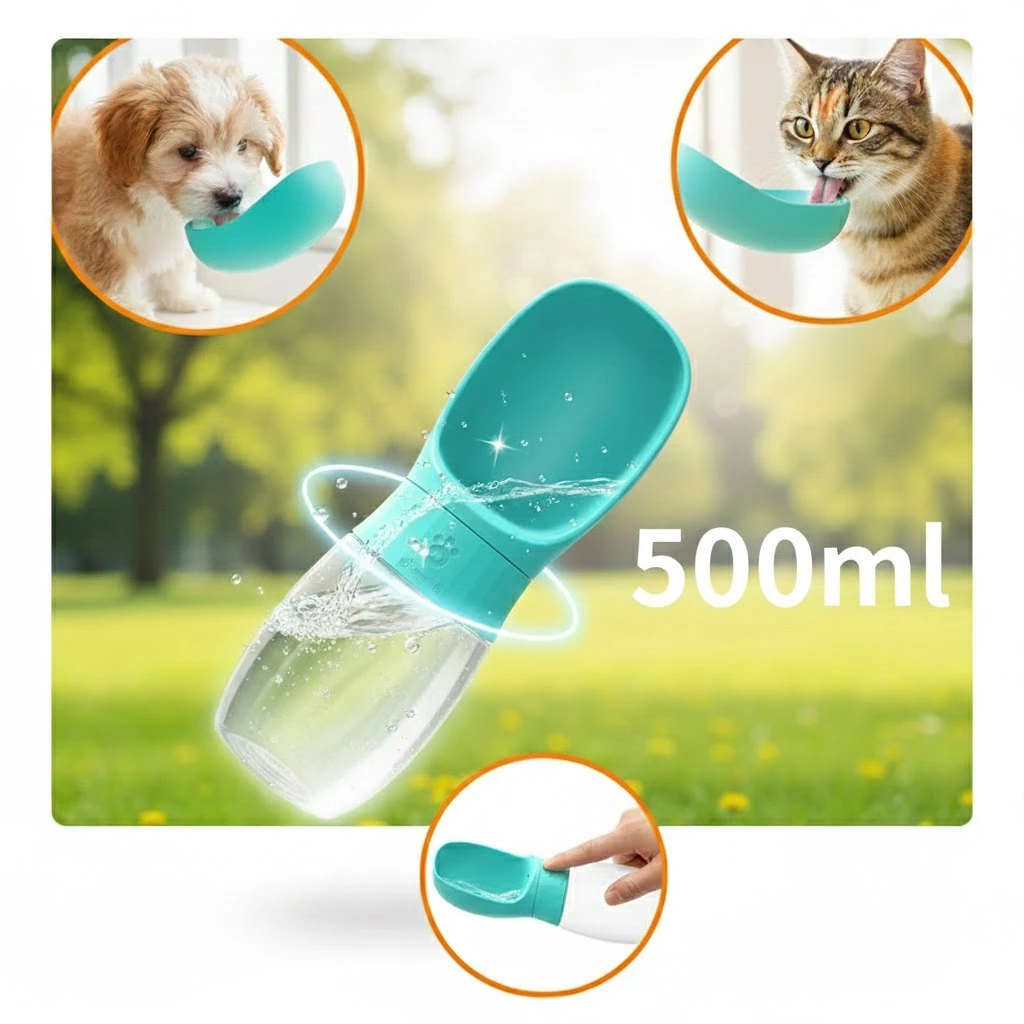 Botella de agua portátil para perros de 500 ml | Alimentador de bebidas de viaje para mascotas anticaída y a prueba de fugas | Taza ligera para cachorros que camina al aire libre