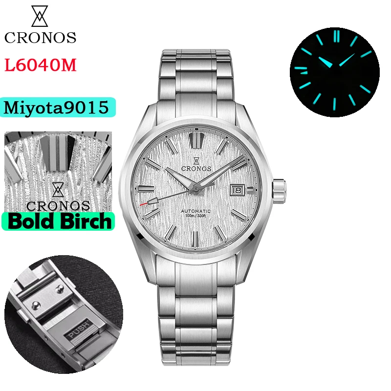 Cronos Herenhorloge 39mm Automatisch Miyota 9015 uurwerk Polshorloges Witte wijzerplaat Berkenpatroon Massieve schakels Saffier 10 ATM L6040M