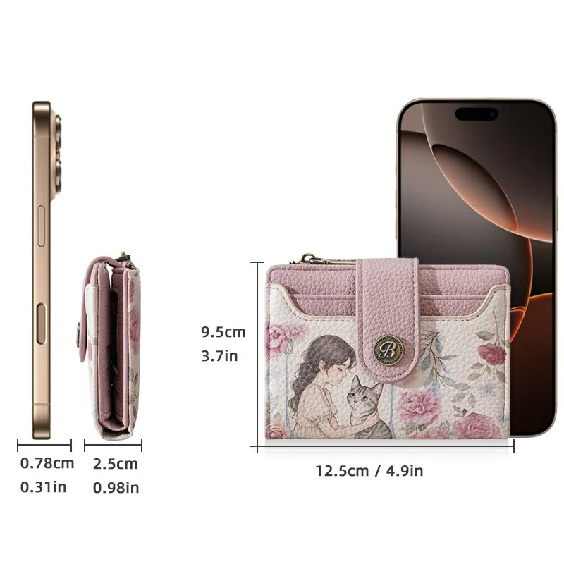 1pc Cute Floral Girl Cat Print Women's Short Wallet, Lightweight PU Bifold Purse, Multi-Card Slot ID Photo Window Zipper Coin Purse, Gift for Girls