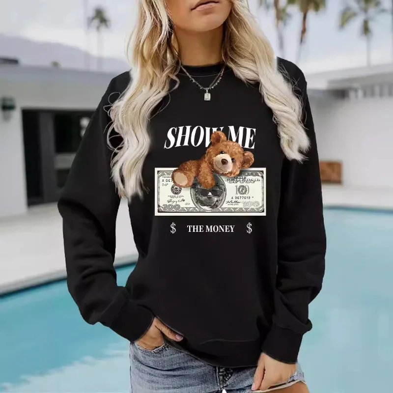 تيدي بير الأوراق النقدية المطبوعة المرأة عارضة طويلة الأكمام جولة الرقبة المطبوعة البلوز البلوز و الدافئة البلوز البلوز #1