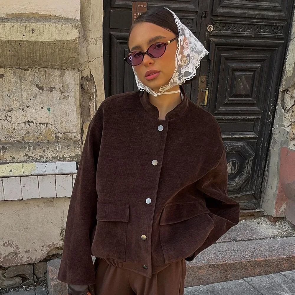 Dark Brown Corduroy Stand Collar Jacket Metal Snap Button Long Sleeve Patch Pockets Elastic Hem Loose Casual Outer Coat 260602
