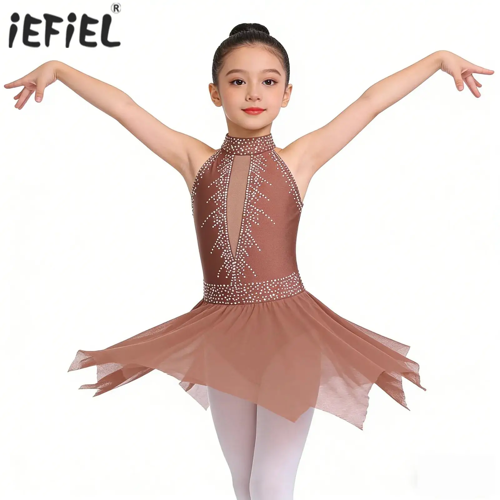

Kids Girls Rhythmic Gymnastics Ballet Jersey Artistic Skating Dance Dress Tutu Skirt Shiny Rhinestone Lyrical Costume Dancewear