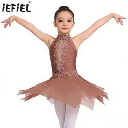 Kids Girls Rhythmic Gymnastics Ballet Jersey Artistic Skating Dance Dress Tutu Skirt Shiny Rhinestone Lyrical Costume Dancewear
