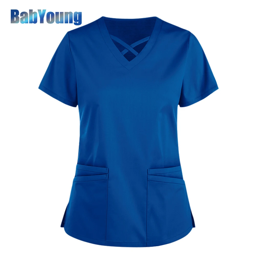 

V-Neck Pocket Nurse Uniform Women Beauty Scrubs Tops Spa Uniform Solid Health Workers Working Scrub Tops Nurse gorro enfermera