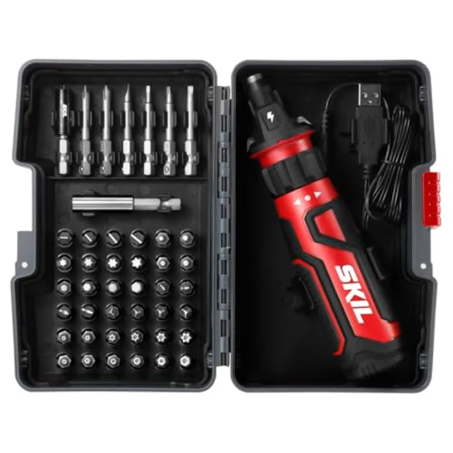 

Rechargeable 4V Cordless Screwdriver with Circuit Sensor Technology Includes 45pcs Bit Set USB Charging Cable Carrying Case -