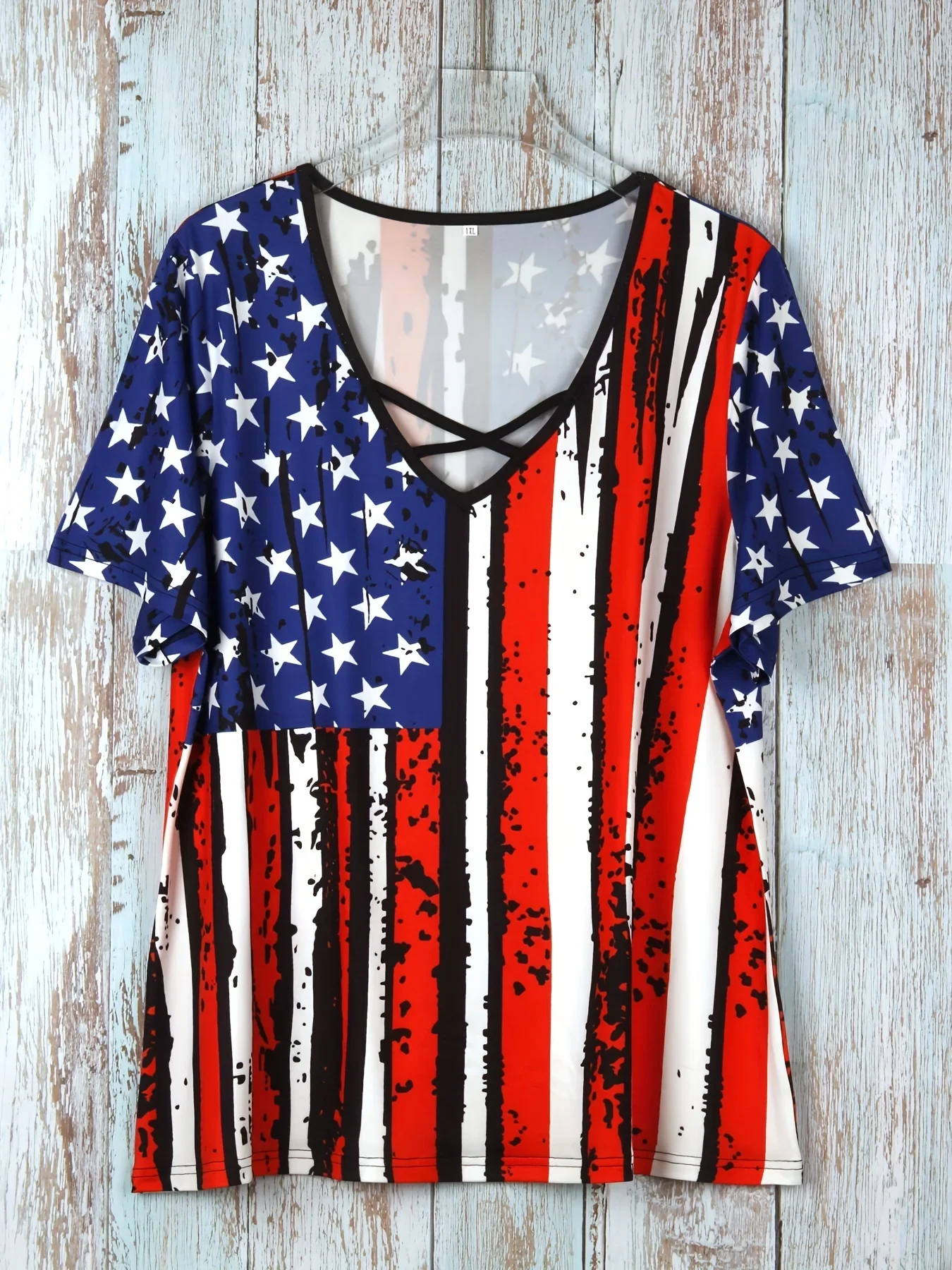 Women Plus Size American Flag Print Tee, V Neck Criss Cross Short Sleeve Casual Summer Loose Top
