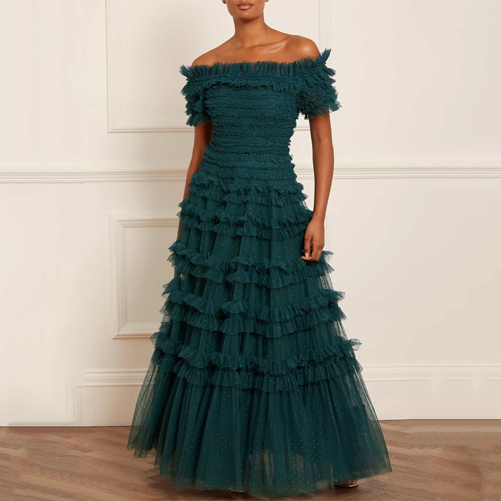 

Customized Luxury Prom Dress Tiered Ruffle Dot Tulle A Line Modern Prom Gown Off the Shoulder Short Sleeve Women's Party Dresses