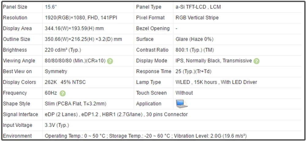 لوحة شاشة LCD مقاس 15.6 بوصة IPS Slim 1920x1080 FHD 141PPI EDP 30pins 300 cd/m2 (النوع) غير اللمس 60 هرتز 45% NTSC LP156WFC-SPE2