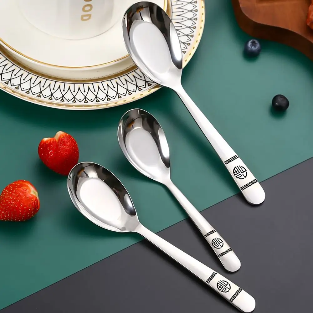 S/M/L Soup Spoons Curved Handle Stainless Steel Dessert Spoon FU Character Dishwasher Tableware Stirring Spoon for Kitchen Tools