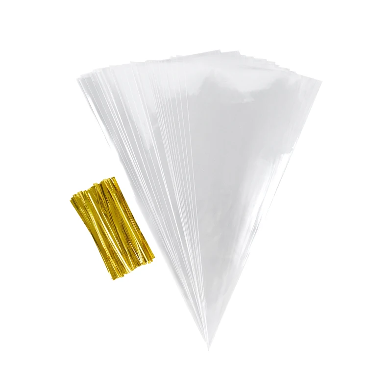50 Stück klare Kegel-Süßigkeits-Aufbewahrungsbeutel, kegelförmige transparente Plastiktüten, Popcorn-Süßigkeitstüten für Babyparty, Hochzeit, Party, Taschen, Zubehör