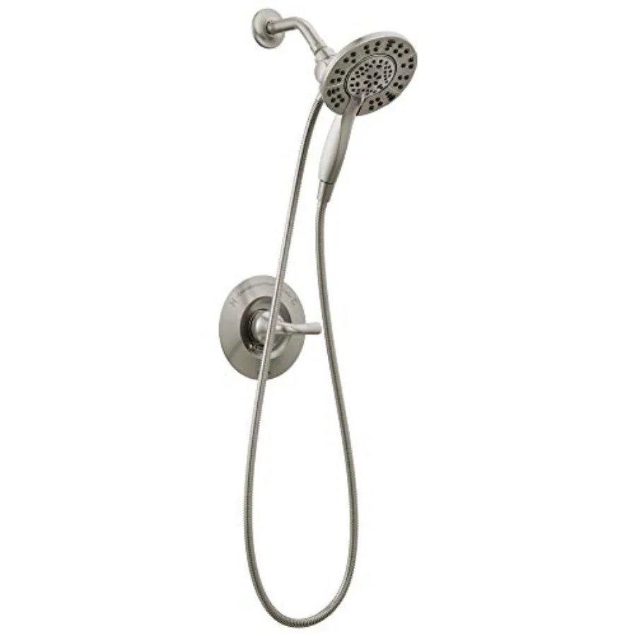 

Shower faucet set for bathroom use, brushed nickel finish, durable stainless steel construction, SpotShield technology prevents