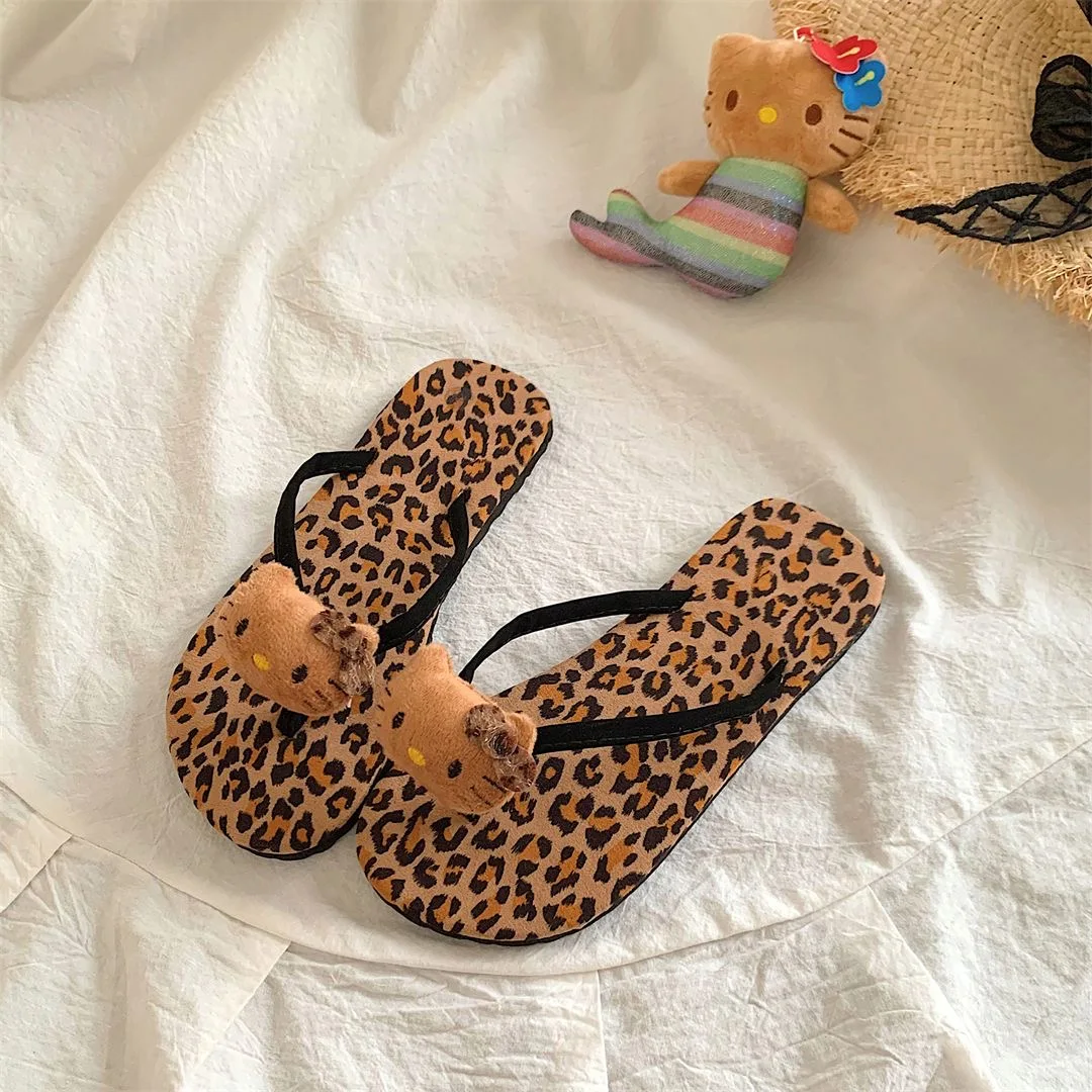 Y2K Sexy Leopard Print Hello Kitty Flip-flops Cool  Charms Beach Slippers Women Summer Outer Slippers Kawaii Aesthetic Gifts