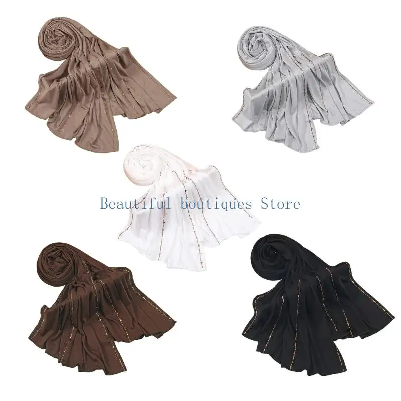 

U4LF Shimmering Rhinestones Trimmed Womens Head Scarf Premium Silk Cotton Fabric Multifunctional Neck Wrap Fashion Accessory