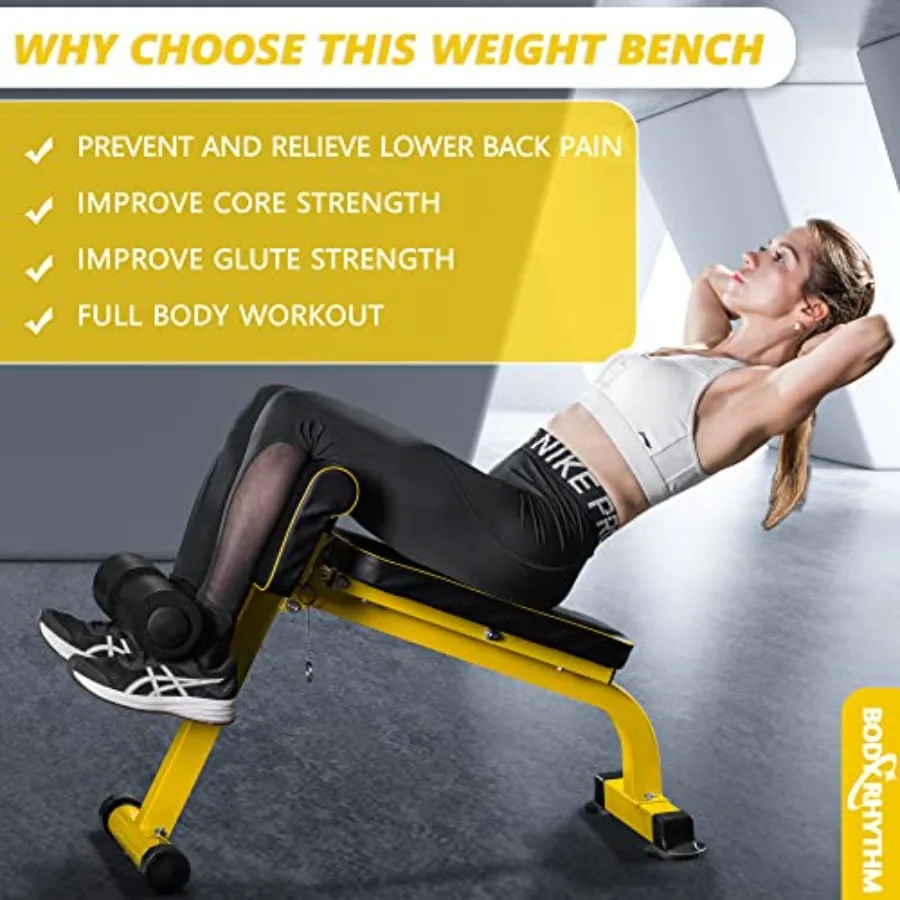 BODYRHYTHM Compact Adjustable Weight Bench for Full Body Strength Training Ab/Back Hyper Roman Chair Adjustable Ab Sit up Bench