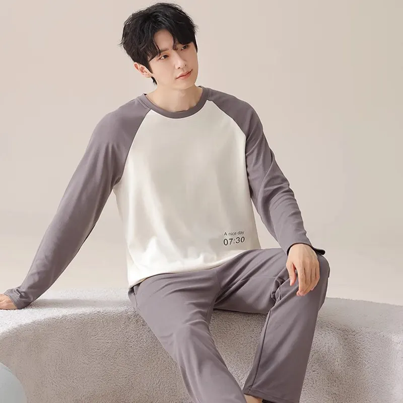 

Новый весенне-осенний мужской пижамный комплект из 2 предметов, мягкая домашняя одежда с длинными рукавами для мальчиков, мужская повседневная домашняя одежда, Прямая поставка