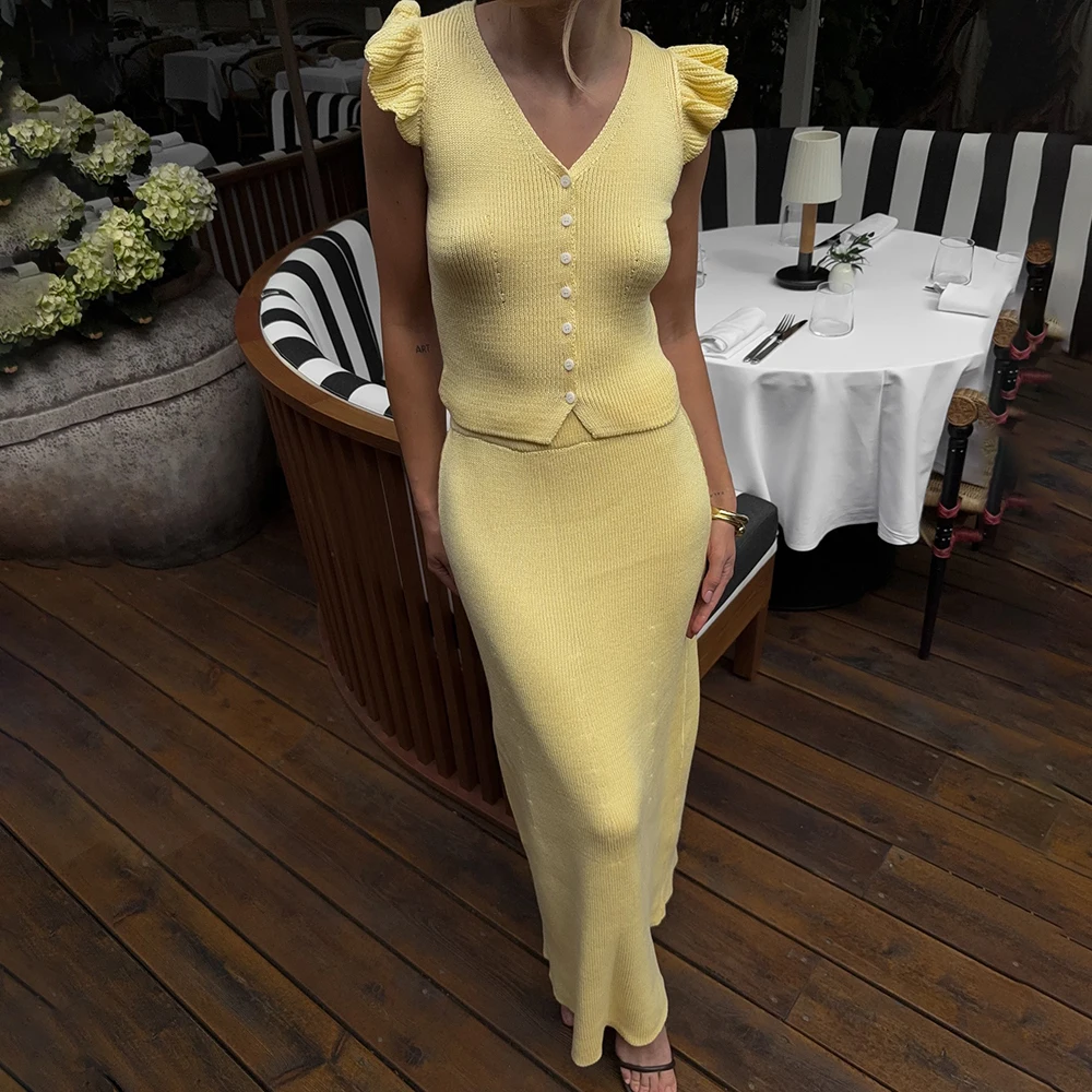 

Ticketsx Women's Knit Dress Sets Summer New V Neck Button Top Casual Long Skirt Sets Elegant Fashion Female Commuter Dress Sets