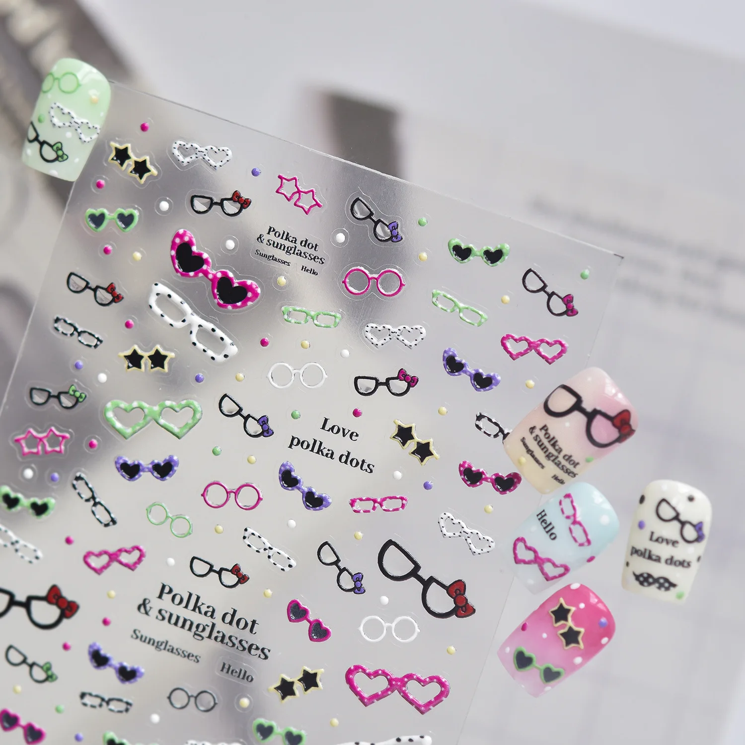 Color Pop Y2K Nail Art Stickers 5D Retro American Eyeglass Heart Square Round Polka Dot Bow Star Self Adhesive Decal Nail Decor