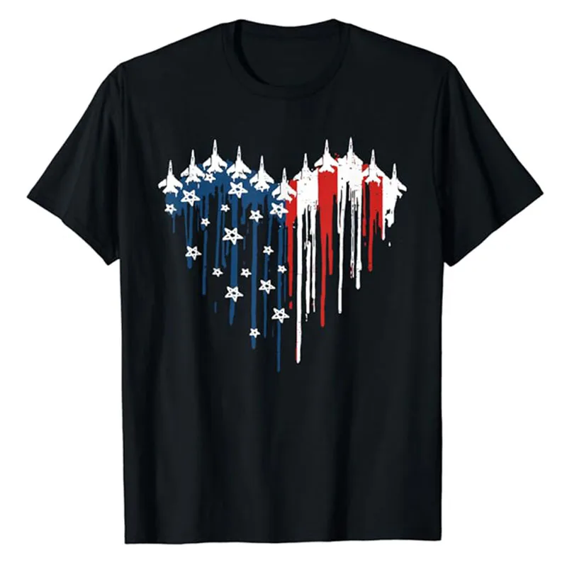 

Retro Fighter Jet Airplane USA American Flag Heart 4th of July T-Shirt Patriotic US Fighter Outfit Freedom Fireworks Graphic Tee