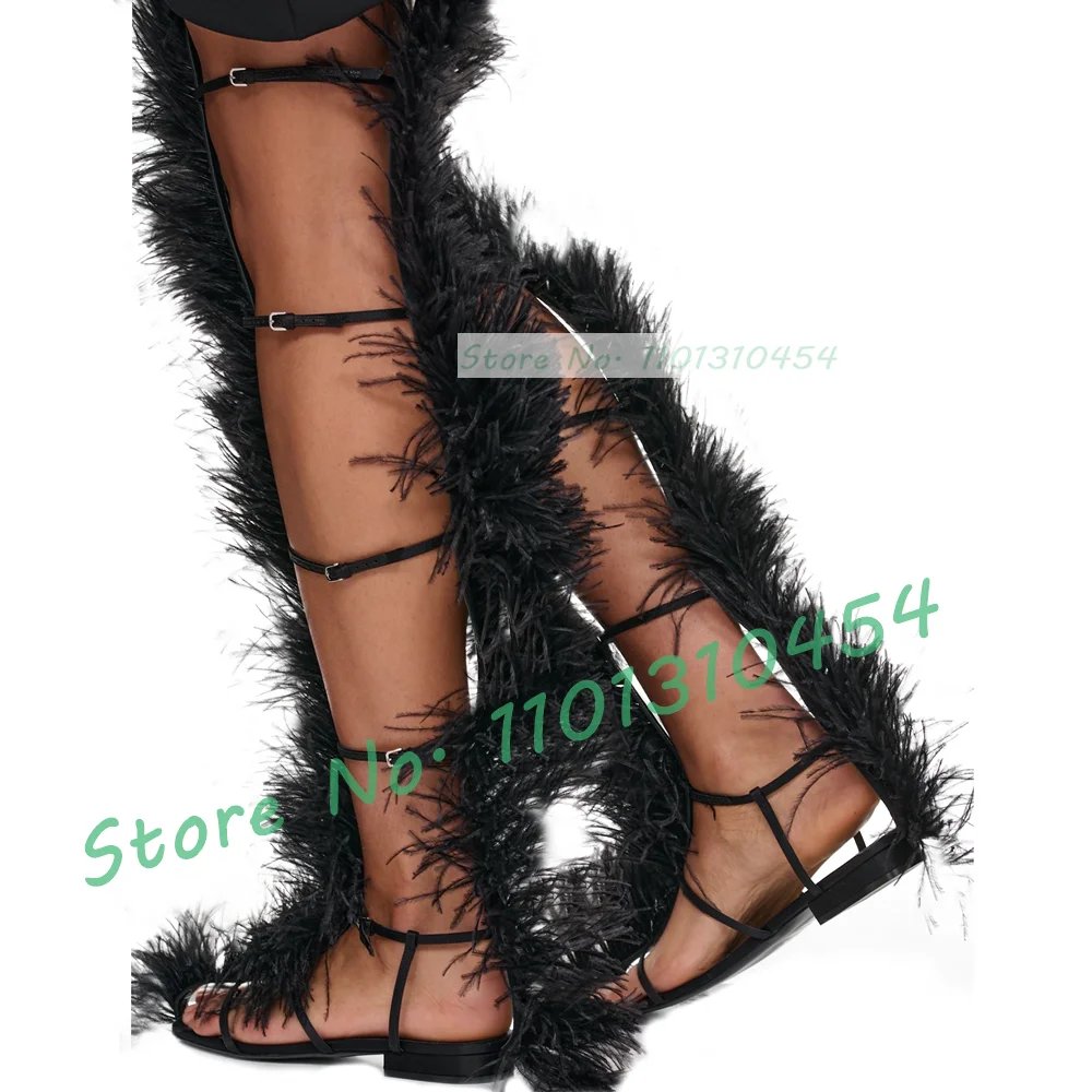 

Feathers Satin Gladiator Sandals Women Elegant Flowing Strappy High Heels Shoes Female Luxury Open Toe Buckle Strap Party Shoes