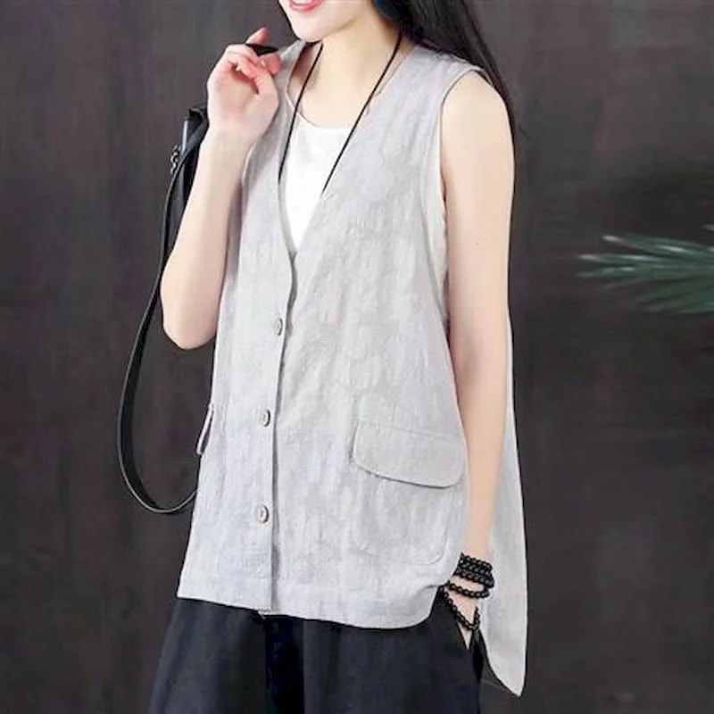Sleeveless Vest for Women Tops Cotton Linen Solid Casual Loose Tanks V-neck Single Breasted Korean Style Cardigan Women Clothing