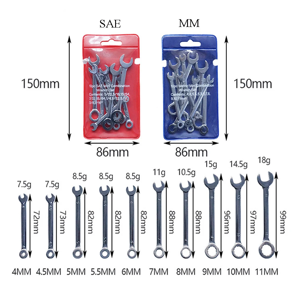 New 10 Pcs Mini Open End Wrench 4-11mm Metrci / Imperial Standard 45# Steel Double End Ratchet Wrenches Mini Combination Spanner