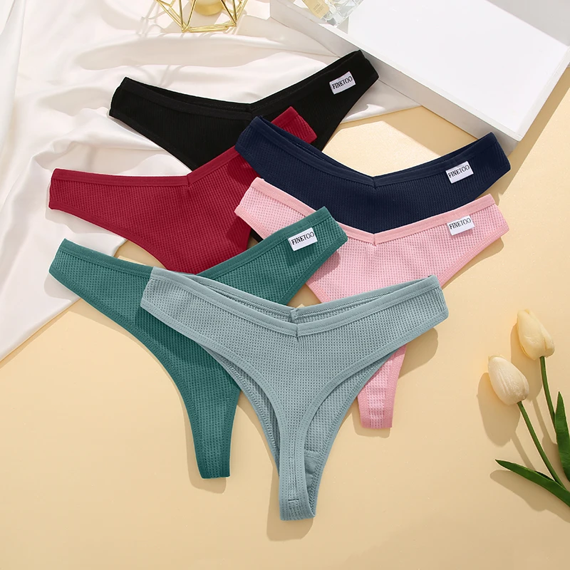 10 Colors Waffle Cotton Thongs Women Panties Sexy Underwear V Waist Solid Color Female Underpants Intimates Women Lingerie