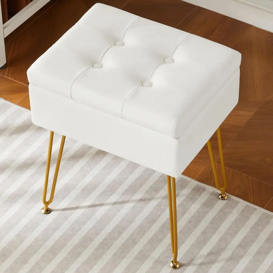 

Vanity Stool Chair with Storage, Small Storage Ottoman Stool for Vanity Bathroom Bedroom, White Faux Leather Makeup Chair