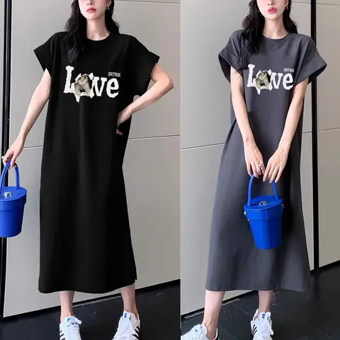 패스타임 여름 캐주얼 슬릿 롱 원피스 빅사이즈 루즈핏 여성 반팔 박시핏 홈웨어 데일리 OP1904