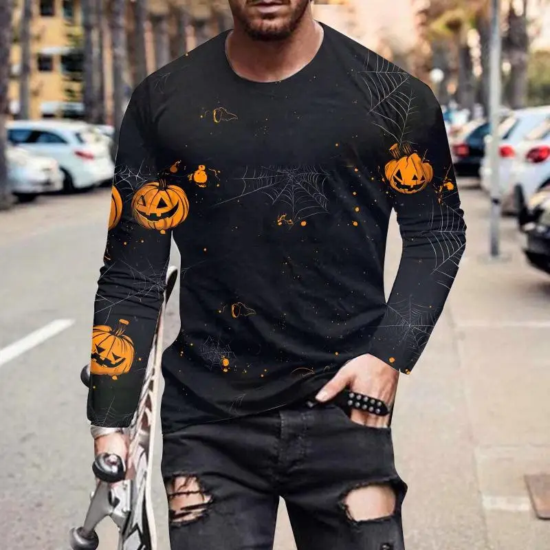 Men Halloween Pumpkin Bat Spider Web Haunted Castle Sunset Print Long Sleeve T-shirt