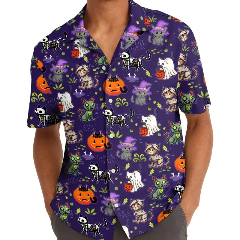 

Mushroom Cat Graphic Hawaiian Shirt For Men Fish Pumpkin 3D Printed Short Sleeve Summer Loose Street Aloha Shirts Lapel Blouses