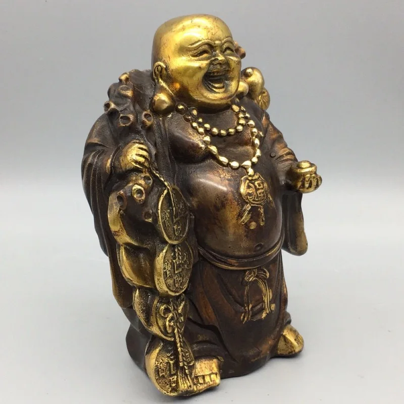Chinese-style retro Maitreya Buddha figurine, large-bellied smiling Buddha, money bag Buddha, antique bronze craft for living ro