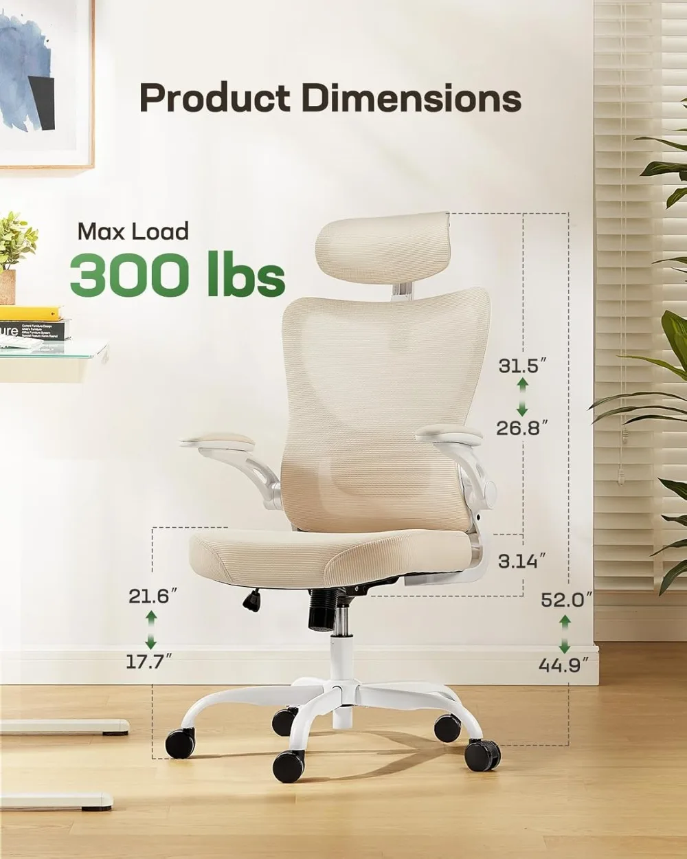 Office Chair with High Back Mesh and Adjustable Lumbar Support Rolling with Wheel 3D Armrests and Headrest (White)