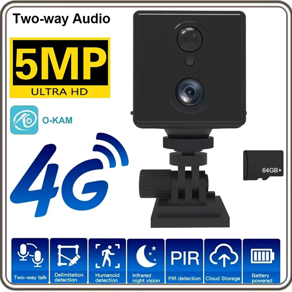 64GB 4G SIM Card Mini Wifi Camera 5MP 3000mAh Battery Wireless Wifi Cam Two-way Night Vision Motion Detection CCTV IP Camera