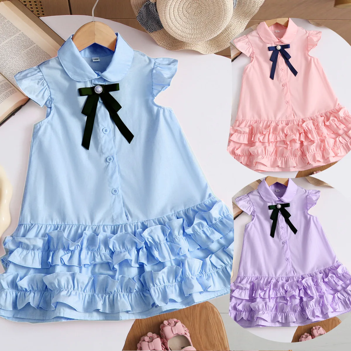 Girls' Summer Dress 2025 New Flutter Sleeve Children's Vest Dress Little Girls' Cake Dress Kids Dresses for Girls