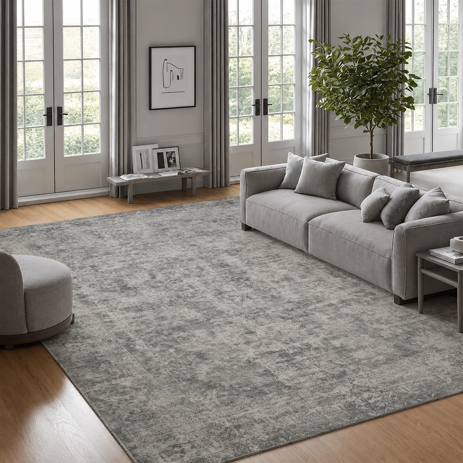 Large Indoor Area Rug, Soft Velvet Low Pile with Non-slip Dotted Backing, Machine Washable, Vintage Distressed Light Gray Ornamental Pattern, Ideal for Living Room, Bedroom, Home Decor