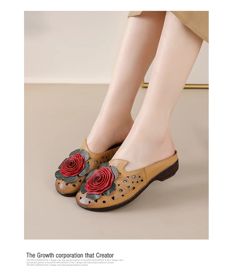 Neue große Blumen-Sandalen aus Rindsleder für Damen, Sommer-Mules mit Cut-Outs, niedrige Absätze, Retro-Luxus-Slipper-Sandalen, Slip-On-Schuhe für Damen – Detail 5