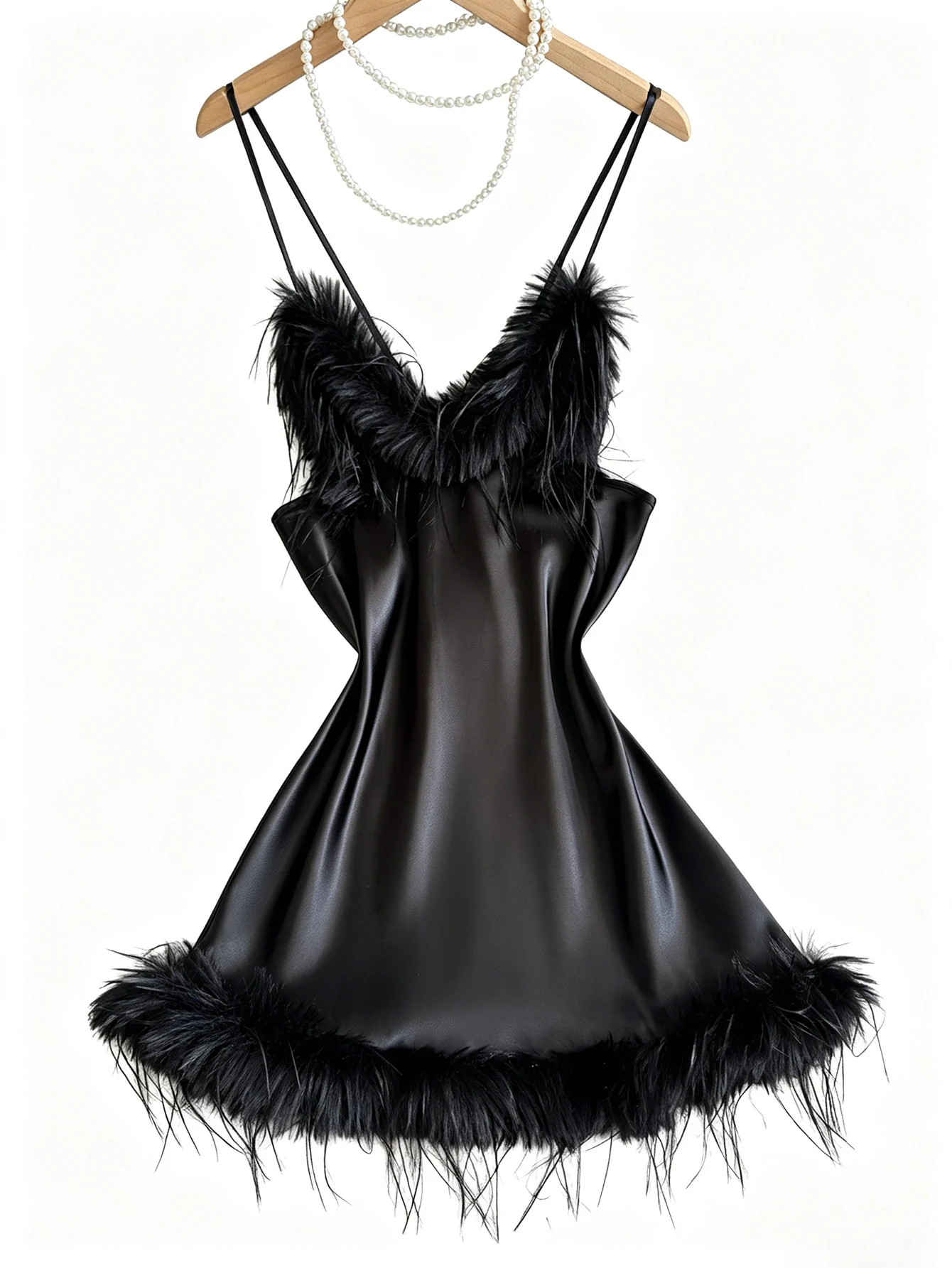 Women Feather Trim Slip Nightgown V Neck Spaghetti Strap Fashion Sleep Dress Sexy Ladies Pajamas For Home or Party view 6