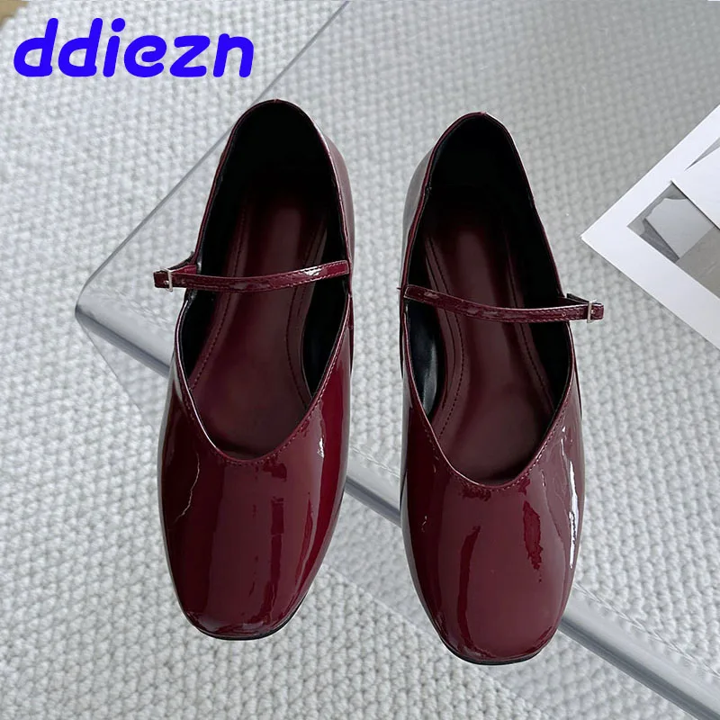 New Female Round Toe Fashion Shallow Buckle Women Flats With Shoes Footwear Wine Red Ladies Flats Mary Janes Designer Shoes