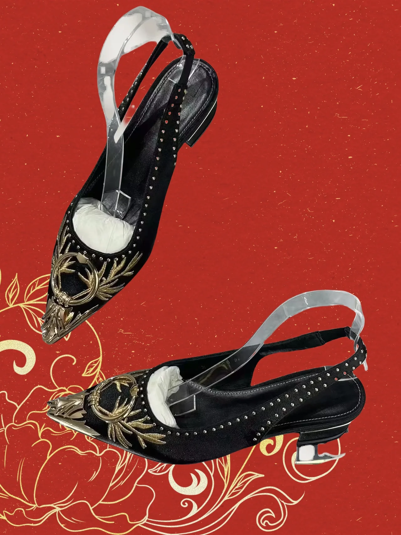 

Новинка 2023 года, женские сандалии с острым носком, на низком каблуке, с золотой вышивкой, элегантные дизайнерские роскошные женские туфли для банкета