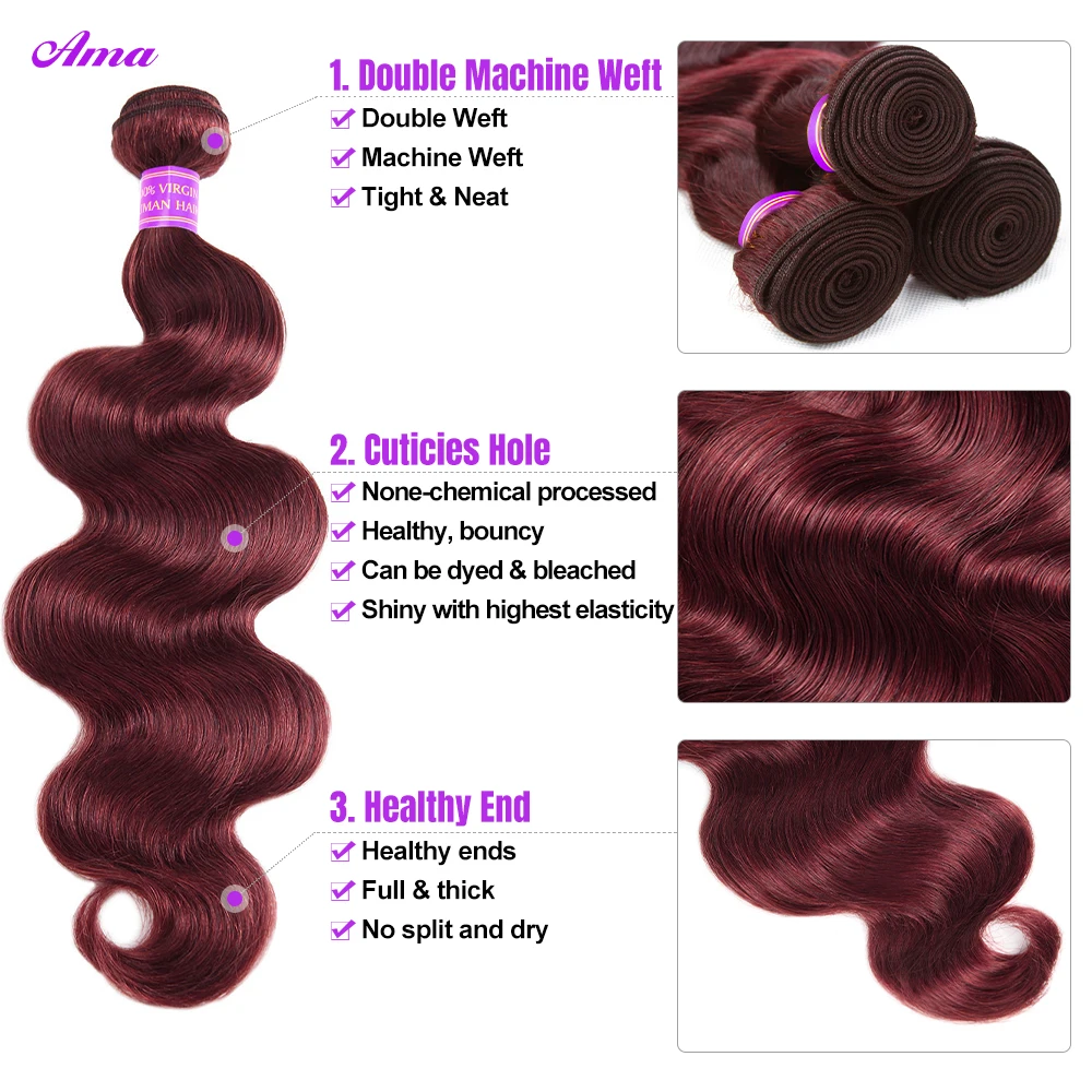 Body Wave Human Hair Bundles para mulheres negras, Borgonha, vermelho escuro, colorido, Remy Hair Bundles, 1, 3, 4 Bundles, Deal, 99j