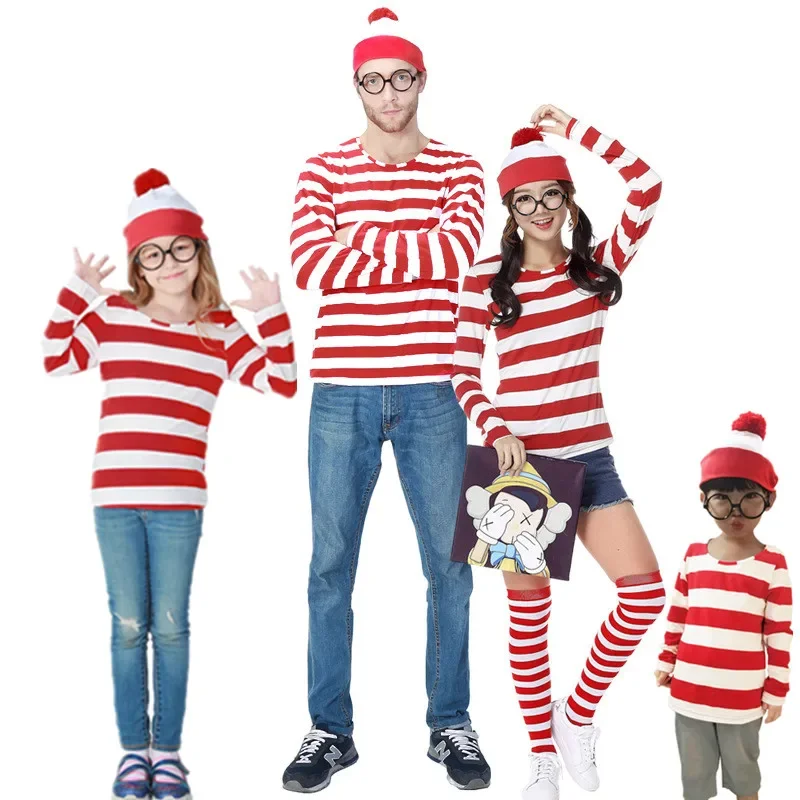 Purim Halloween Where is Wally Costume Plus Size Waldo Book Week Cosplay Outfits Family Matching Parent-Kids Girls Boys Clothes