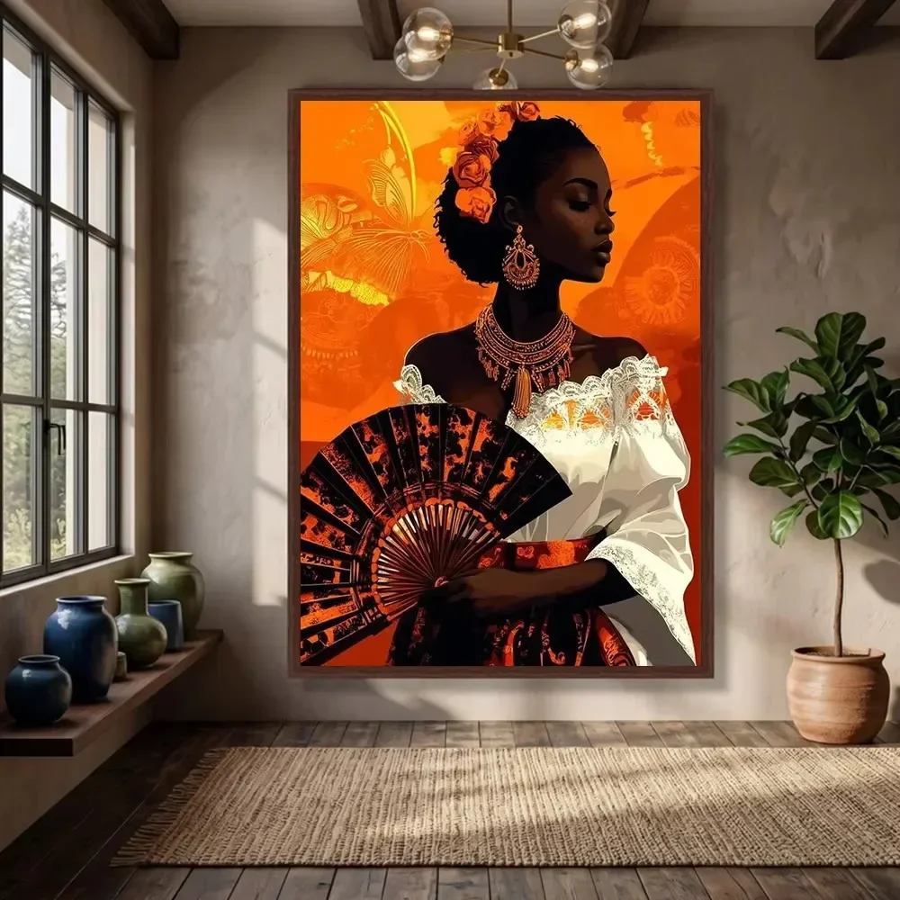 (No frame)Ethnic African Black Woman Canvas Painting Orange Sunset Africa Lady Wall Art Tribal Portrait Poster Print For Livi