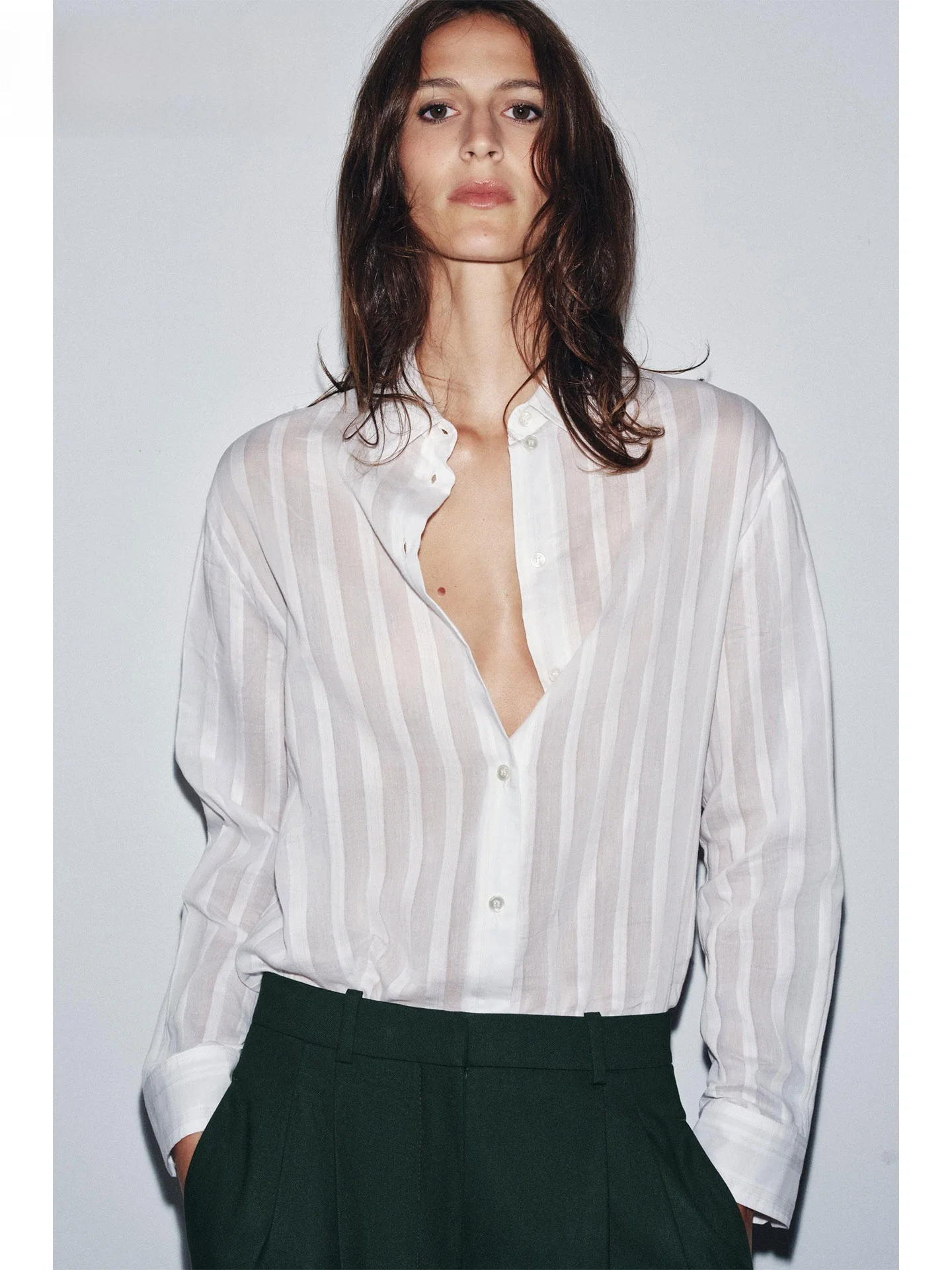 ZAPRHA Sli Casual Listrado Longo Sve Feminino irt Outono 2025 Nova Faion Loose Fit Corte Reto Outro Mistura de Materiais