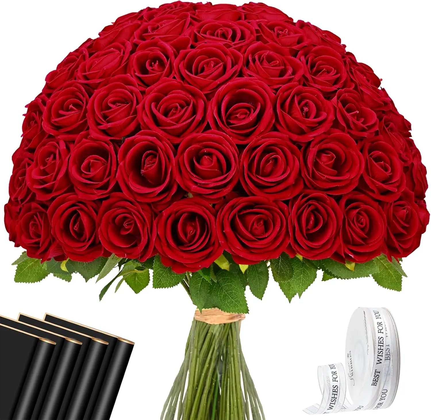 

Red Roses Artificial Flowers Bulk, Real Touch Velvet Roses with Wrapping Paper, 50 Pcs Fake Flowers for Wedding Centerpi