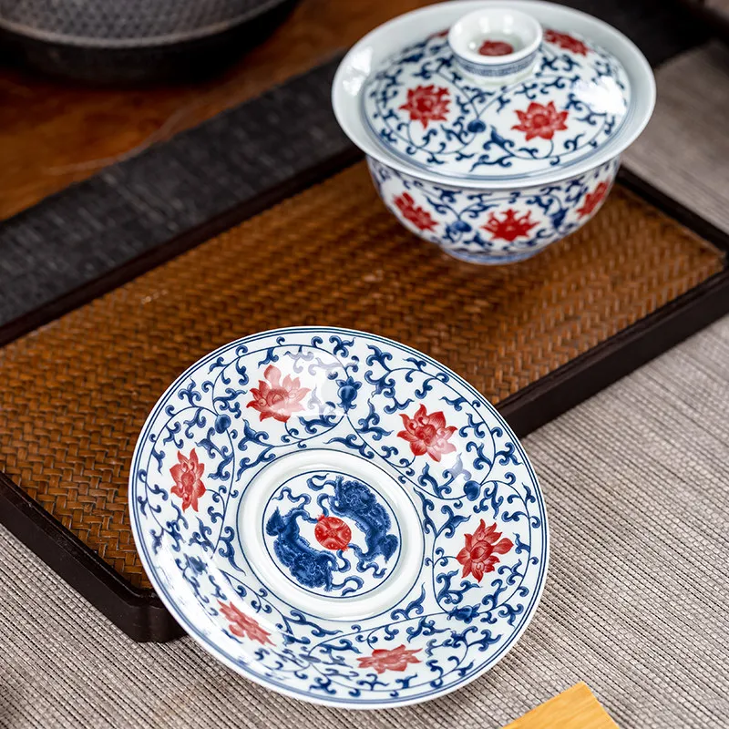 Jingdezhen Blue and White Flower Interlock Branch Gaiwan Hover Anti-Scald Tea Brewing Bowl Household Porcelain Set Single