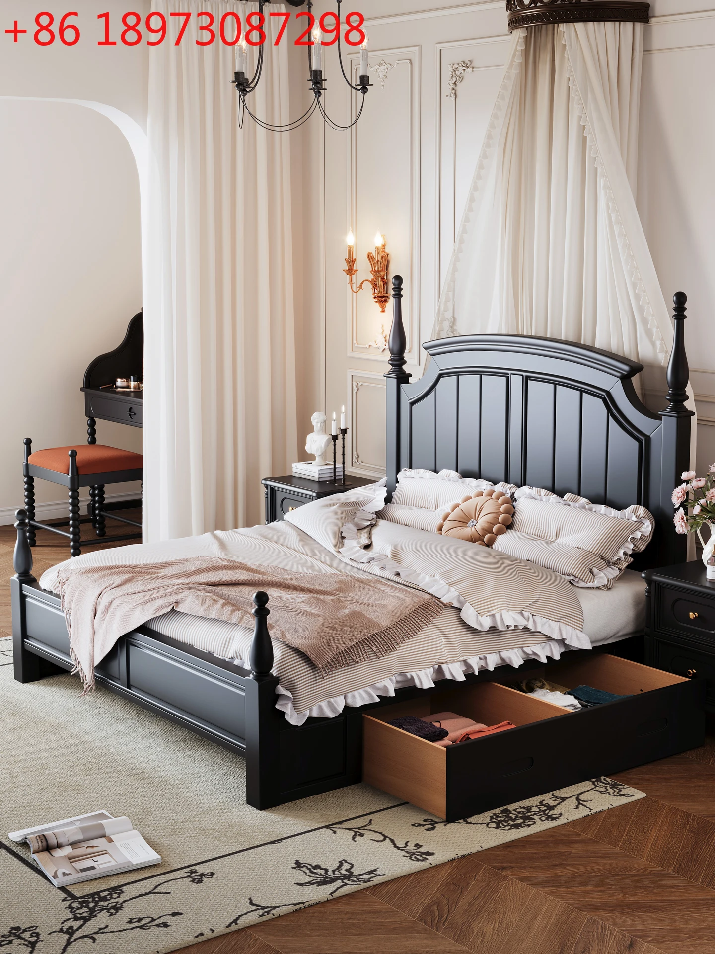 

French retro solid wood 1.8 meters large bed light luxury with drawer storage space storage box body wooden bed