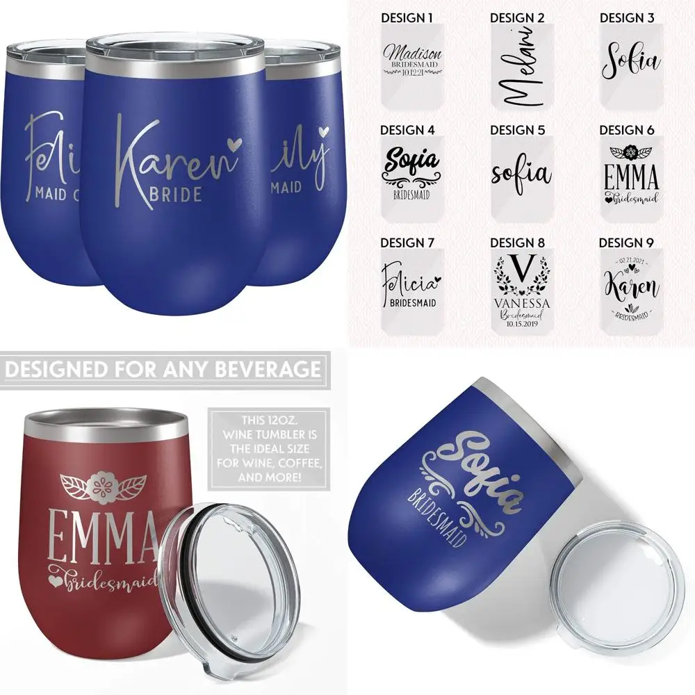 

Personalized Bridesmaid Stemless Wine Tumblers with Lids, 12 oz Royal Blue, Wedding Gifts for Bachelorette Party