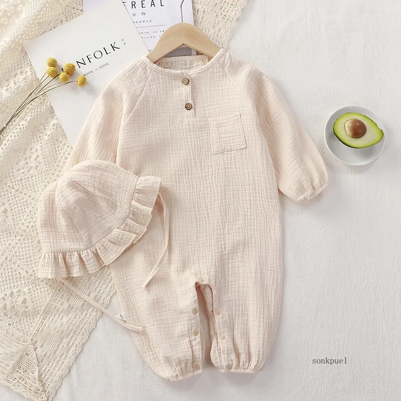 Muslin Baby Romper Hat 2Pcs Cotton Kids Jumpsuit Newborn Girl Boy Clothes Toddler Onesie Infant Ouitfit Set Baby Clothing